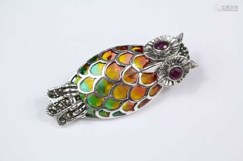 A Silver and Plique du Jour Owl Brooch, approx 45 x 20 mm