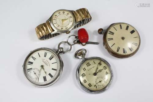 Three Pocket Watches, this lot includes a silver-cased pocket watch 'The Cleveland' having a white enamel face with Roman dial and subsidiary second dial, Birmingham hallmark, mm WE; Bentina pocket watch, another silver-cased pocket watch (af) and a gentleman's Ingersol Ltd wrist watch