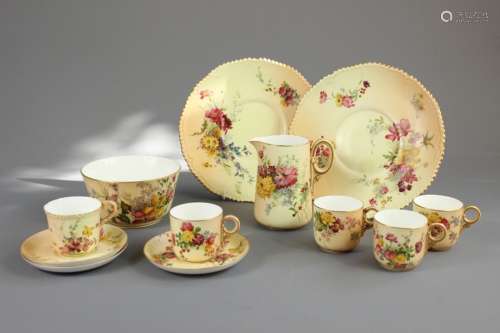 Miscellaneous Royal Worcester Blush Ware, including five coffee cups, three saucers, two large cake plates, slop bowl and cream jug, all painted with flowers and heightened with gilt