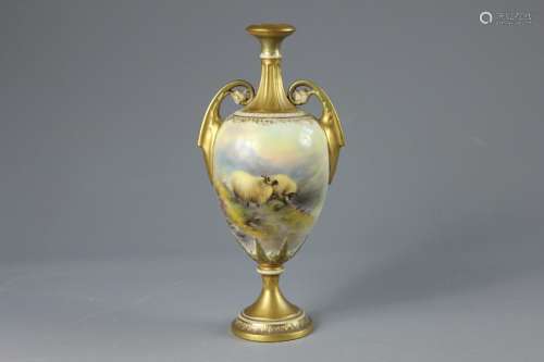 A Royal Worcester Twin Handled Vase, finely painted by Harry Davis, the ovoid vase depicts a atmospheric Highland landscape, signed lower right, approx 24 cms, dated 1918