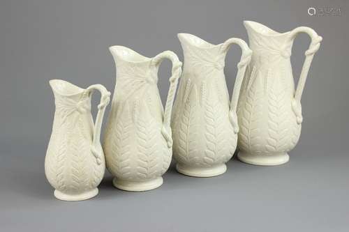 Four Parian-Ware White Porcelain Jugs; the four graduated jugs range from 1 x 29, 1 x 23, 1 x 24 and  1 x 18 cms h, respectively