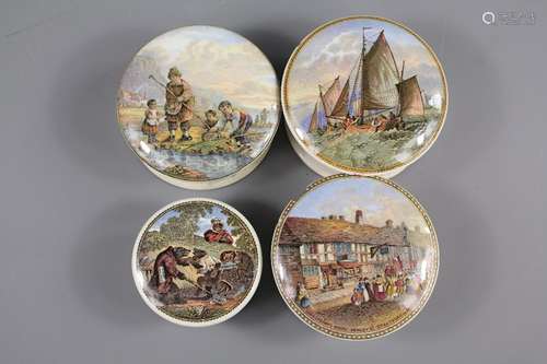 Four 19th Century Pot and Lids, including Shakespeare's House, Fishing Boats, Children Fishing and Moles at School