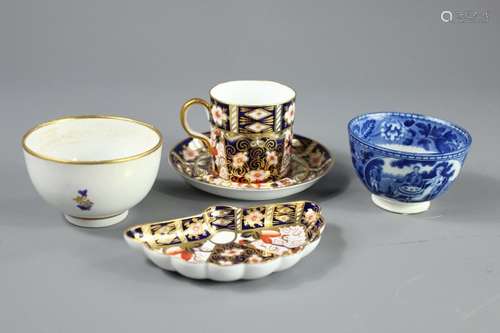 Miscellaneous Porcelain, including Crown Derby Cup and Saucer Imari pattern, nr 2451, a Crown Derby trinket dish in the form of a fan approx 12 x7 cms, a blue and white tea bowl painted with figures in a landscape and a Dresden tea bowl painted with blue flower sprays