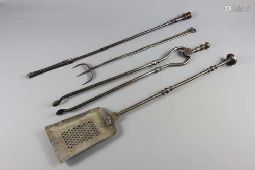 Antique White Metal Fire Irons, including a toasting fork