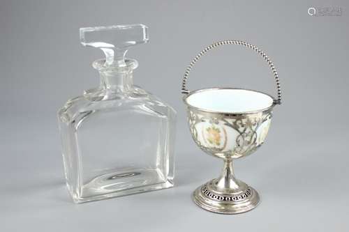 A Contemporary Glass Decanter and Stopper, approx 23 cms h together with a Continental silver-plate and opaque glass sweetmeat dish