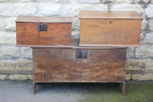 Antique Oak Coffer, approx 37 x 55 x 37 cms, with original lock plate together with two oak wood or boot boxes, approx 67 x 43 x 30 and 60 x 30 x 28 cms respectively