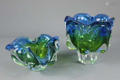 Murano Blue/Green Glass Vase; the vase having scalloped lip, approx 17 x 18 cms, together with a green/blue free-form glass dish with folded lip approx 18 x 10 cms