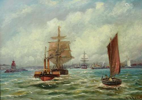 Bernard Benedict Henry (Australia 1855-1913) Pair of Oils on Canvas; the first depicting a harbour scene with various ships including a schooner and fishing boats, the companion work depicting fishing boats and a lighthouse in the distance, signed lower right, both approx 34 x 24 cms (io), gilt frames