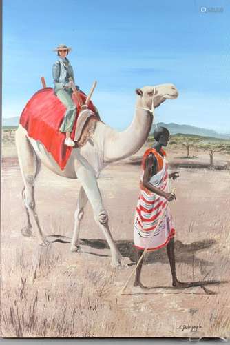 A Colourful Painting of a Lady seated on a Camel, approx 61 x 91 cms, signed Dalrymple