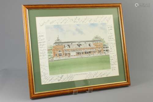 Cricket Memorabilia England – 1986 Cricket print signed by 76 mostly England International cricketers from the 1930's onwards – the print is titled “The Lords Pavilion” from the original watercolour by David Gentleman and published by The Hand Press and signed to the border by 71 players to incl Wyatt, Fred Titmus, Godfrey Evans, Peter May, John Edrich, Tony Greig, Subba Row, Alan Knott, Gooch, Clive Lloyd, Mike Proctor, Desmond Haynes, plus later players incl Hussain, Alec Stewart, Richard Illingworth, amongst others together with a limited edition Joe Scarborough print entitled Darren Gough Celebration nr 133/500 signed in the margin by the artist, approx 49 x 43 cms framed and glazed and a limited edition poster of Sir Donald Bradman nr 109/500 signed in pencil by the artist and by Sir Bradman approx 50 x 68 cms framed and glazed