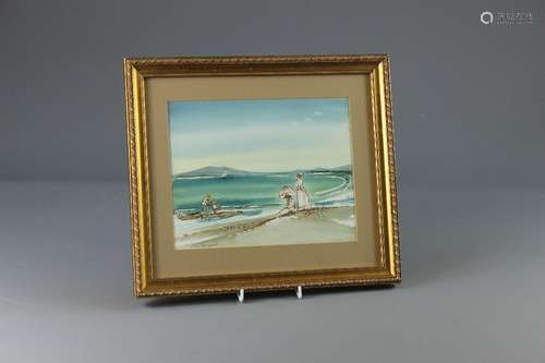 Len Desmond Watercolour; the painting depicting figures on a beach, with children playing in the distance, approx 24 x 19 cms, glazed and framed