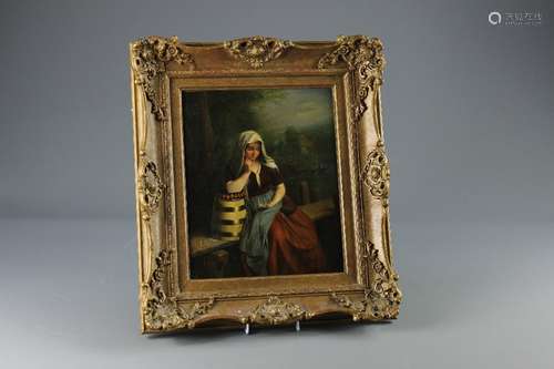 An Oil on Canvas; unsigned, the painting depicting a 'Girl and Cider Barrel', approx 24 x 29 cms, framed in ornate gilt frame