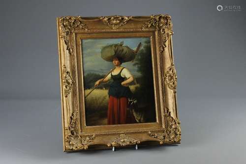 An Oil on Canvas, unsigned; the painting 'Girl with Goat', approx 24 x 29 cms, in ornate gilt frame