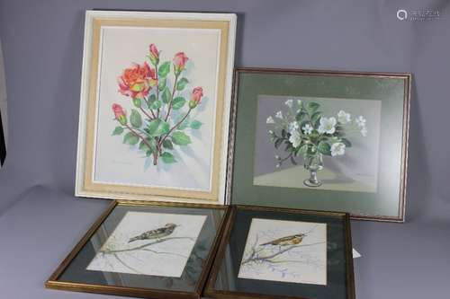 Arthur Jesse Hayden (1916-1990) Cotswold School Paintings, including two floral still life approx 25 x 32 cms and 34 x 44 cms respectively, framed and glazed and two watercolours entitled Whinchat and Woodpecker approx 19 x 27 cms and 23 x 30 cms respectively