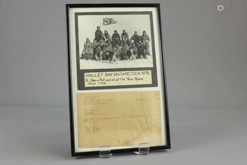 A Black and White Photograph and Telegraph, from Antarctica, the message from the expedition research team reads: 'Christmas will be white here, just like the other 364 days' Antarctica dated 1975, approx 23 x 37 cms, framed and glazed