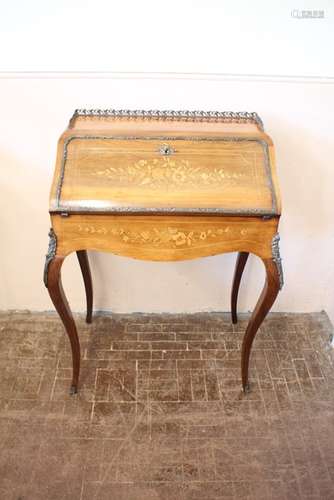 A Lady's 1880's Rosewood Bonheur du Jour, fine marquetry, secret drawer with three interior drawers, ormulu to legs and sides with filigree gallery above, cabriole legs, approx 66 x 41 x 95 cms