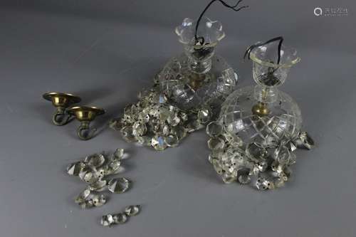 A Pair of Cut-Glass Ceiling Lights, with glass shades, approx 30  cms h