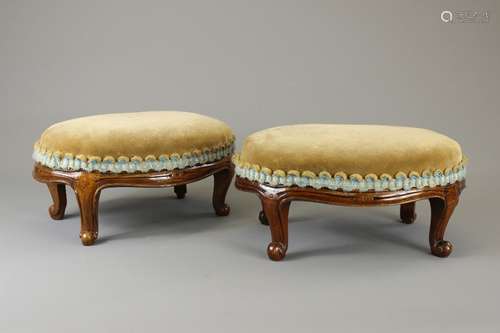 A Pair of Victorian Foot Stools; the footstools having cabriole legs and covered in velvet with decorative braid, approx 37 x 24 x 16 cms