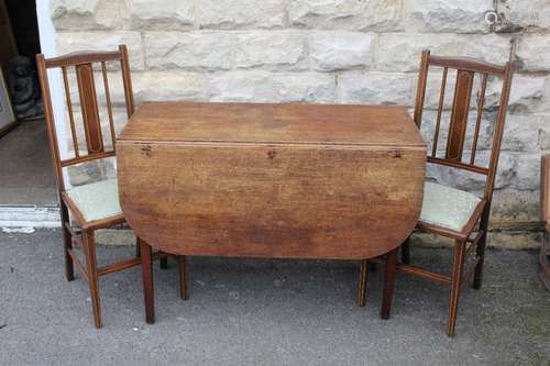 Antique Oak Drop Leaf Supper Table, approx 125 x 100 cms, together with two Edwardian bedroom chairs