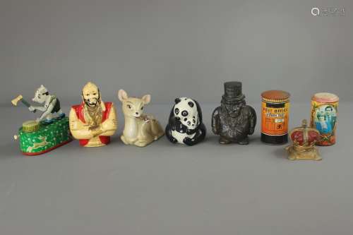 A Collection of Vintage Cast Metal Money Boxes; including Paul Kruger, HRT Chinaman, Bambi, Panda, Mr T, two post office boxes and one Crown together with a wind-up tin plated money box depicting a woodcutter