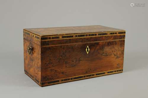 An Inlaid Walnut Tea Caddy; the tea caddy having a central mixing compartment flanked by two tea compartments, handles to the  sides, approx 31 x 15 x 15 cms