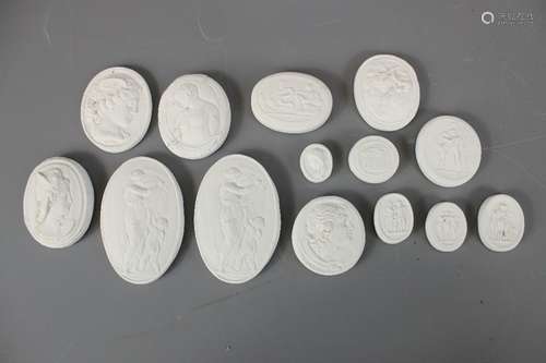 A Collection of Plaster Intaglios, in the Grand Tour style; of various shapes and sizes depict classical figures and scenes, approx 87 units