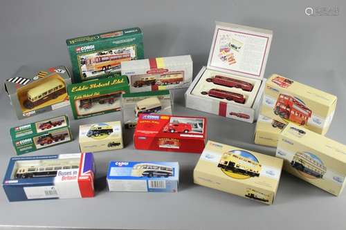 Fifteen Vintage 1:50 Scale Corgi Buses and Commercial Vehicles, comprising Guy Arab Birmingham Livery; Daimler Fleetline Birmingham; Guy Arab Utility Midland Red; Guy Arab Utility Birmingham; Weymann Birmingham; Bedford OB British Railways; Bedford Val (set) Yelloways; AEC Regal/Bedford OB (set) East Kent; Ford Pop/Bedford CA Vans; Morris J Van Royal Mail; Morris J Van Morris Service; Ford Thames Trader Dropside Eddie Stobart; Morris J Van Birmingham City Transport; BMC Dropside Lorry Eddie Stobart; Burlingham Seagull (Limited Edition) Stratford Blue