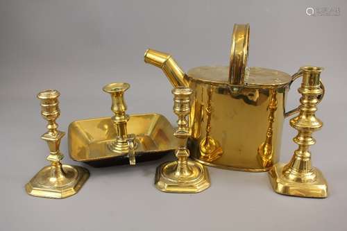 Antique Brass Items - this lot comprises a watering can, a good quality chamber light and three brass candlesticks