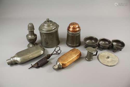 Miscellaneous Copper and Pewter, this lot comprises antique copper hip flask and a caster, together with a pewter and lead tobacco box, pewter hip flask, three pewter salts, caster and wick trim