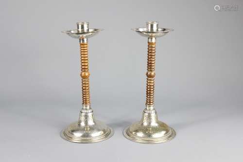 German WMF Silver Plate Candlesticks; wooden barley twist supports, approx 24 cms h