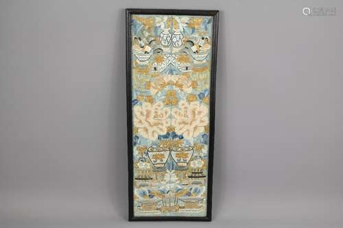 An Antique Chinese Silk Embroidery; this lot comprises of a 19th Century Chinese silk embroidery possibly the cuff of a court robe approx 48 l x 18 w cms framed and glazed together with a very fine Chinese silk embroidery depicting a country scene, approx 55 w x 44 h cms, unframed