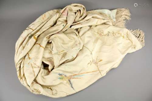 A Late 19th Century Ivory Silk Embroidered Piano Throw; the embroidery depicting exotic birds