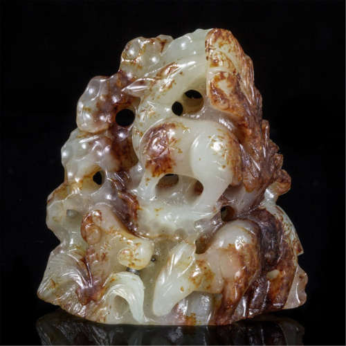 CHINESE NEPHRITE JADE DEER AND LINGCHI SCHOLAR ROCK