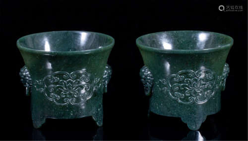 PAIR OF CHINESE SPINACH JADE LION HEAD HANDLE BOWLS