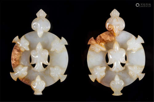 PAIR OF CHINESE WHIET JADE BIRD BI DISK PLAQUES