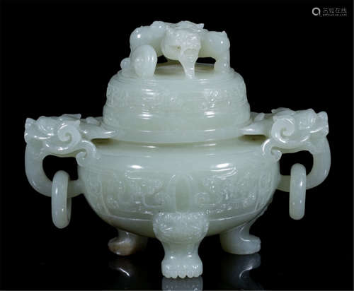 CHINESE CELADON JADE DRAGON LOOP HANDLE TRIPLE FEET LIDDED CENSER