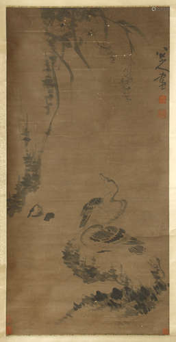 CHINESE SCROLL PAINTING OF BIRD ON ROCK