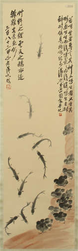 CHINESE SCROLL PAINTING OF FISH WITH CALLIGRAPHY