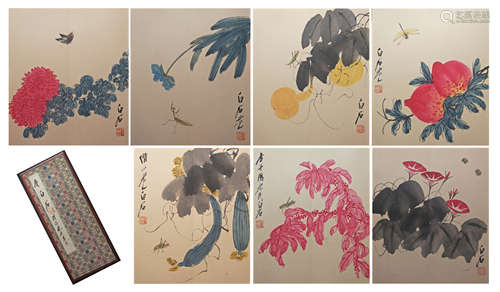 EIGHT PAGES OF CHINESE ALBUM PAINTING OF INSECT AND FLOWER