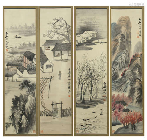 FOUR PANELS OF CHINESE SCROLL PAINTING OF MOUNTAIN VIEWS