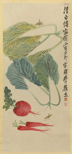 CHINESE SCROLL PAINTING OF CABBAGE AND RADDISH