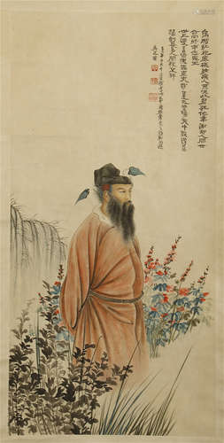 CHINESE SCROLL PAINTING OF MAN IN GARDEN WITH CALLIGRAPHY