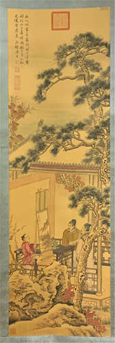 CHINESE SCROLL PAINTING OF MEN IN GARDEN