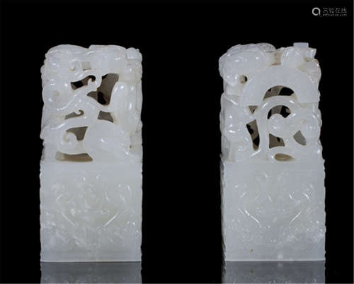 PAIR OF CHINESE WHITE JADE BEAST SEALS