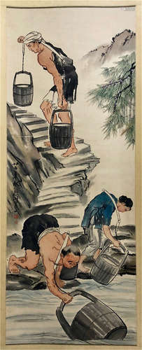 CHINESE SCROLL PAINTING OF PEOPLE CARRYING WATER