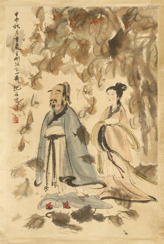 CHINESE SCROLL PAINTING OF MAN AND BEAUTY UNDER TREE