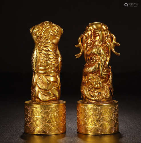 PAIR OF CHINESE GILT BRONZE DRAGON PHOENIX OFFICIAL SEALS