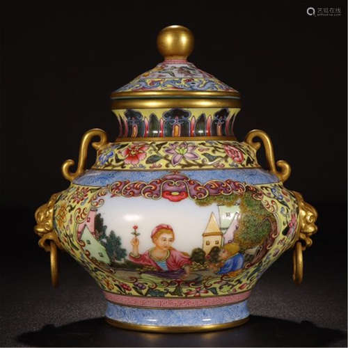 CHINESE PORCELAIN FAMILLE ROSE WESTERN BEAUTY LIDDED VASE