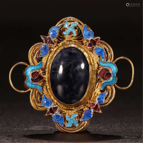 CHINESE GILT SILVER ENAMEL SAPPHIRE HAT BADGE