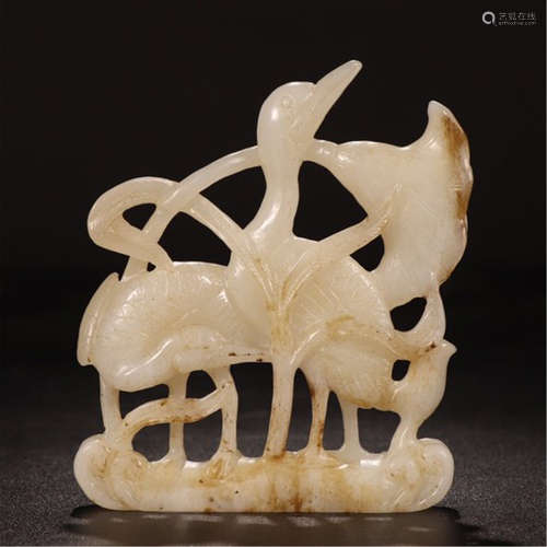 CHINESE WHITE JADE CRANE AND LOTUS TABLE ITEM